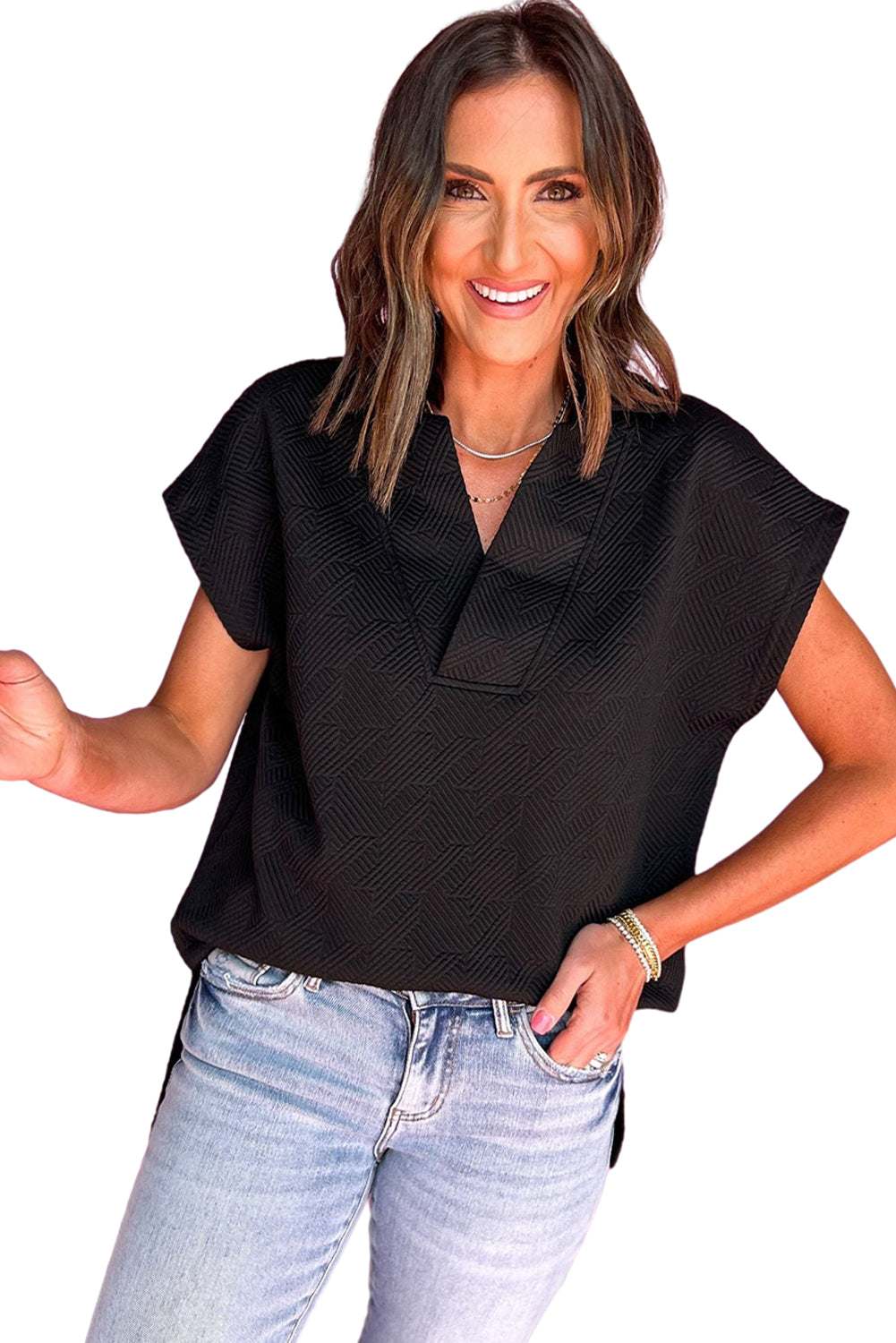 Black Textured V Neck Collared Slit Hem T Shirt - Stylish Top - Vesteeto