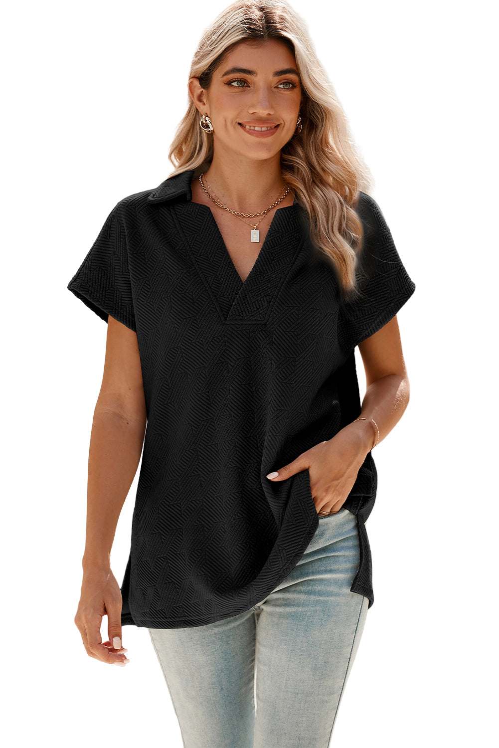 Black Textured V Neck Collared Slit Hem T Shirt - Stylish Top - Vesteeto