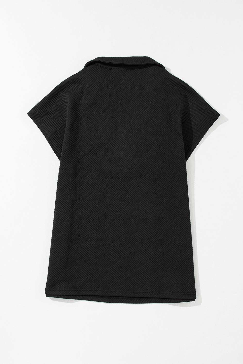 Black Textured V Neck Collared Slit Hem T Shirt - Stylish Top - Vesteeto