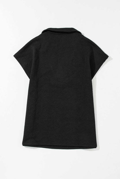 Black Textured V Neck Collared Slit Hem T Shirt - Stylish Top - Vesteeto