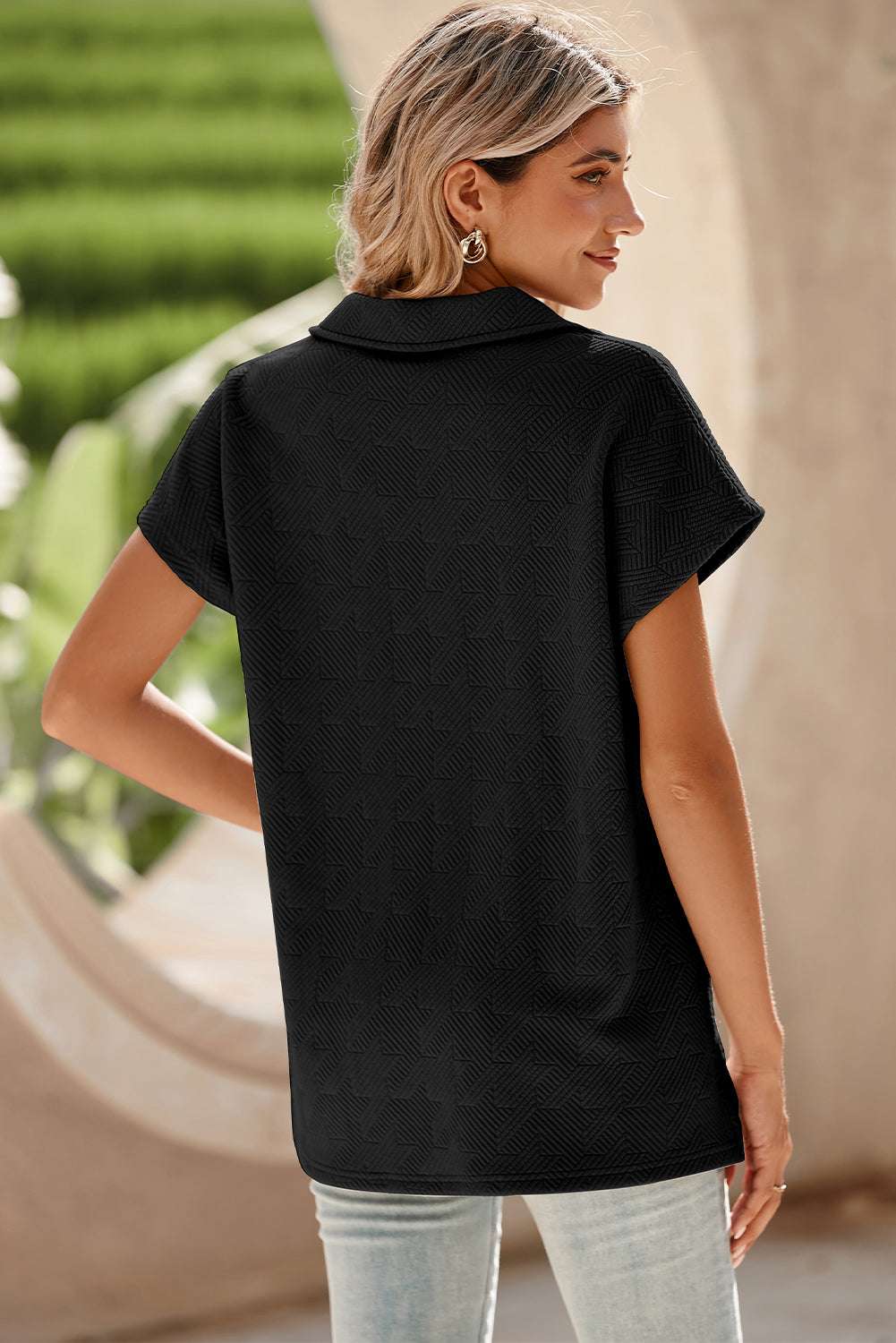 Black Textured V Neck Collared Slit Hem T Shirt - Stylish Top - Vesteeto