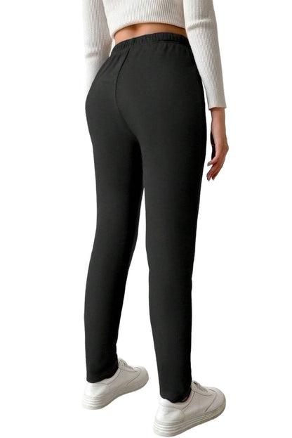 Black Thermal Lined Drawstring High Waist Leggings - Vesteeto