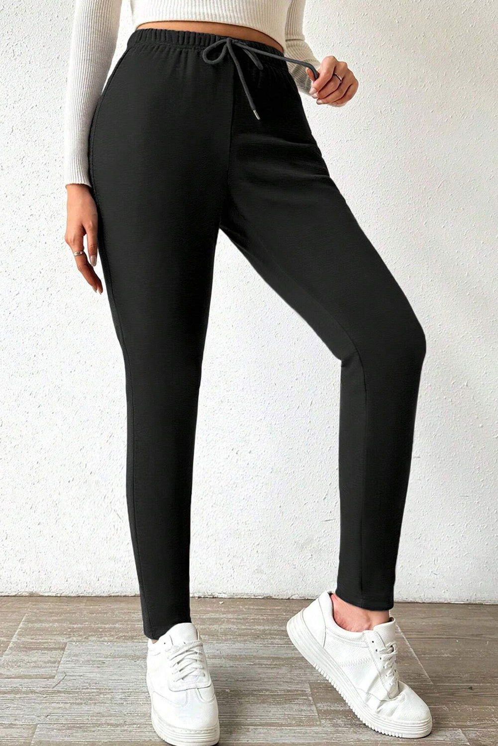 Black Thermal Lined Drawstring High Waist Leggings - Vesteeto