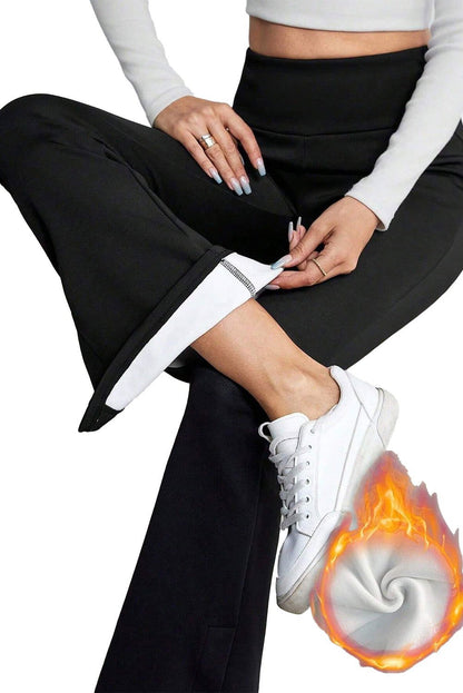 Black Thermal Lined Split Flare Leg Pants - Vesteeto