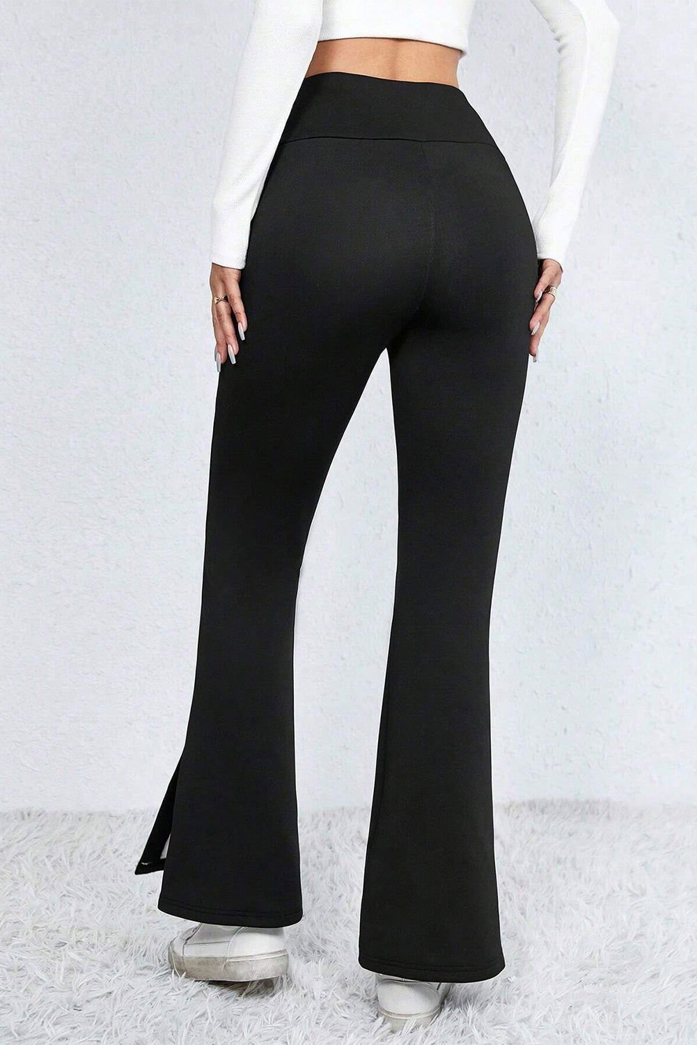 Black Thermal Lined Split Flare Leg Pants - Vesteeto