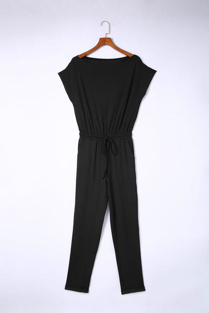 Black Tie Waist Off Shoulder Short Sleeve Tapered Jumpsuit - Vesteeto