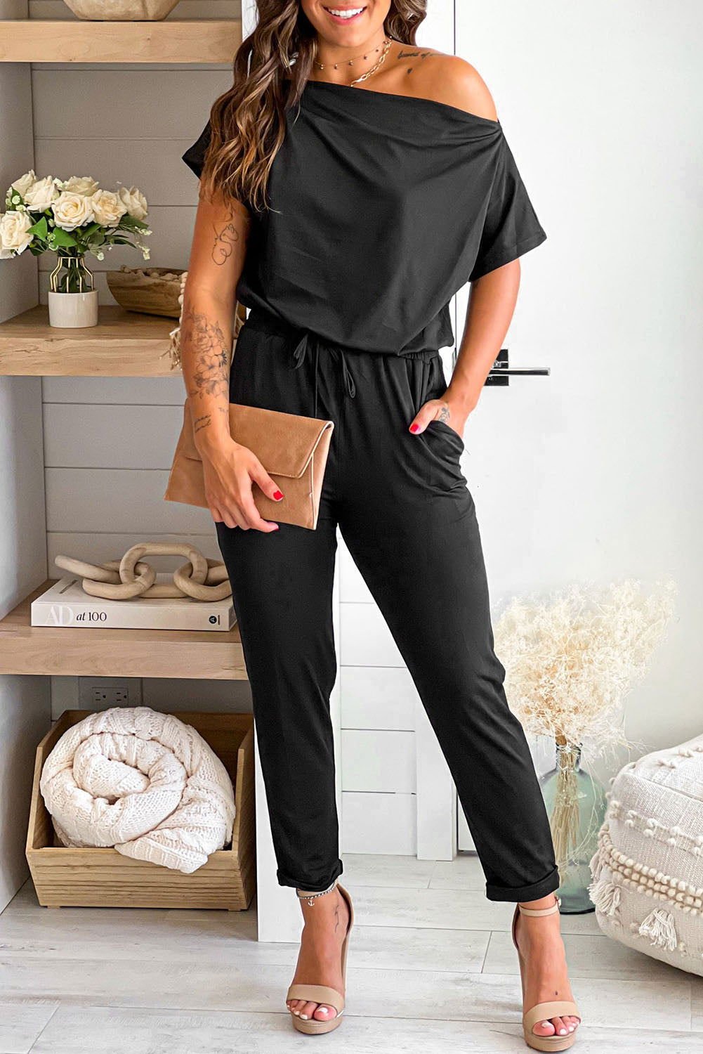 Black Tie Waist Off Shoulder Short Sleeve Tapered Jumpsuit - Vesteeto