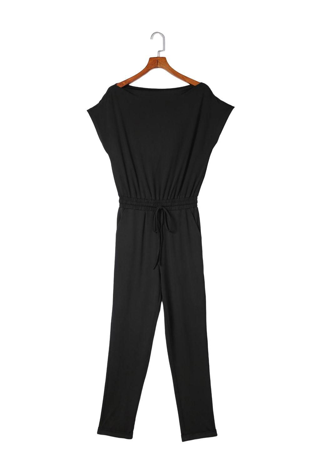 Black Tie Waist Off Shoulder Short Sleeve Tapered Jumpsuit - Vesteeto