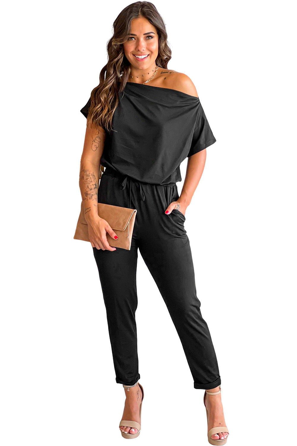 Black Tie Waist Off Shoulder Short Sleeve Tapered Jumpsuit - Vesteeto