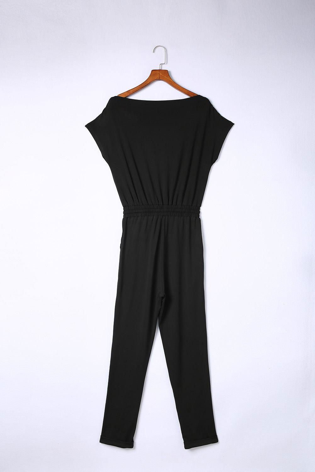 Black Tie Waist Off Shoulder Short Sleeve Tapered Jumpsuit - Vesteeto