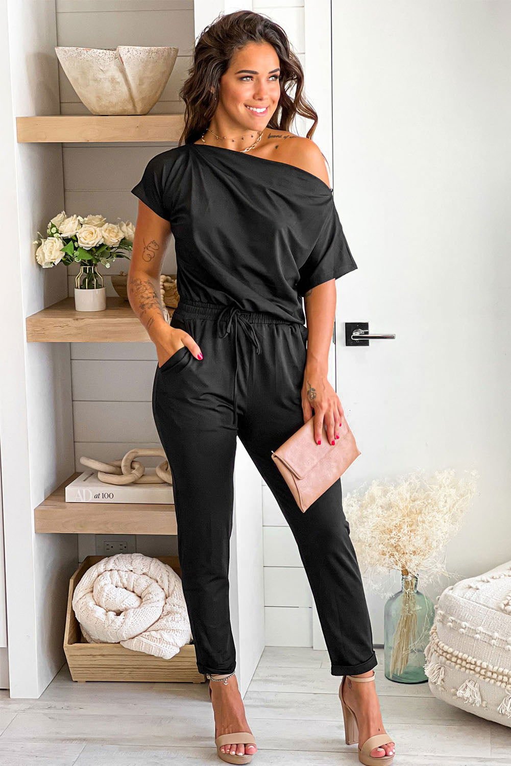 Black Tie Waist Off Shoulder Short Sleeve Tapered Jumpsuit - Vesteeto