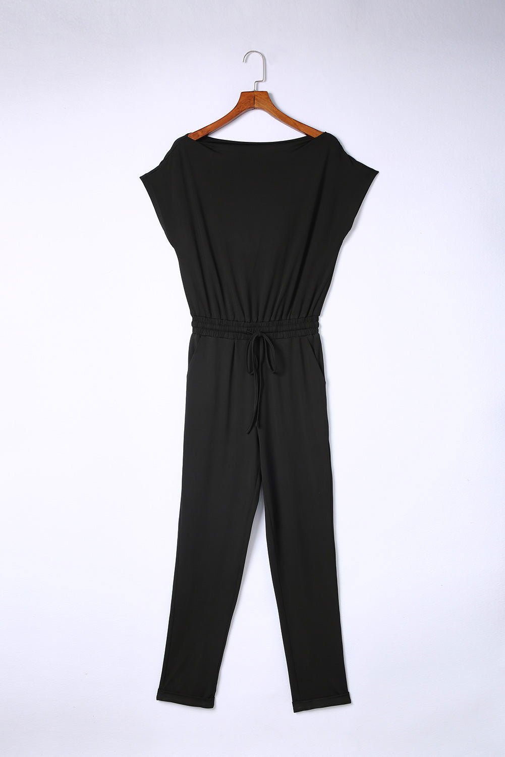 Black Tie Waist Off Shoulder Short Sleeve Tapered Jumpsuit - Vesteeto