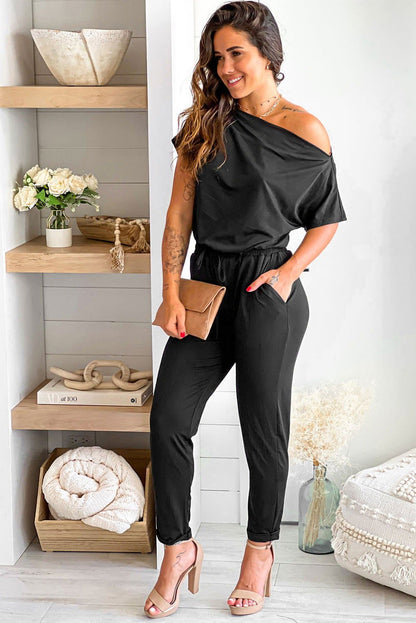 Black Tie Waist Off Shoulder Short Sleeve Tapered Jumpsuit - Vesteeto