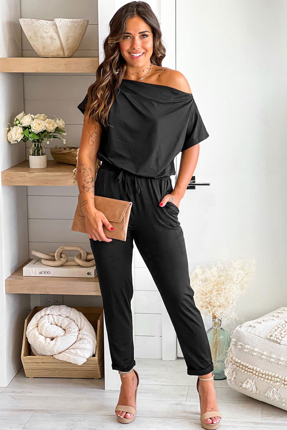 Black Tie Waist Off Shoulder Short Sleeve Tapered Jumpsuit - Vesteeto