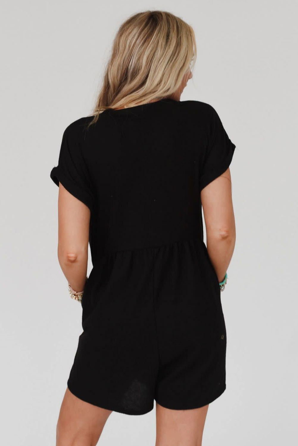 Black V Neck Buttons Loose Cuffed Short Sleeve Romper - Vesteeto