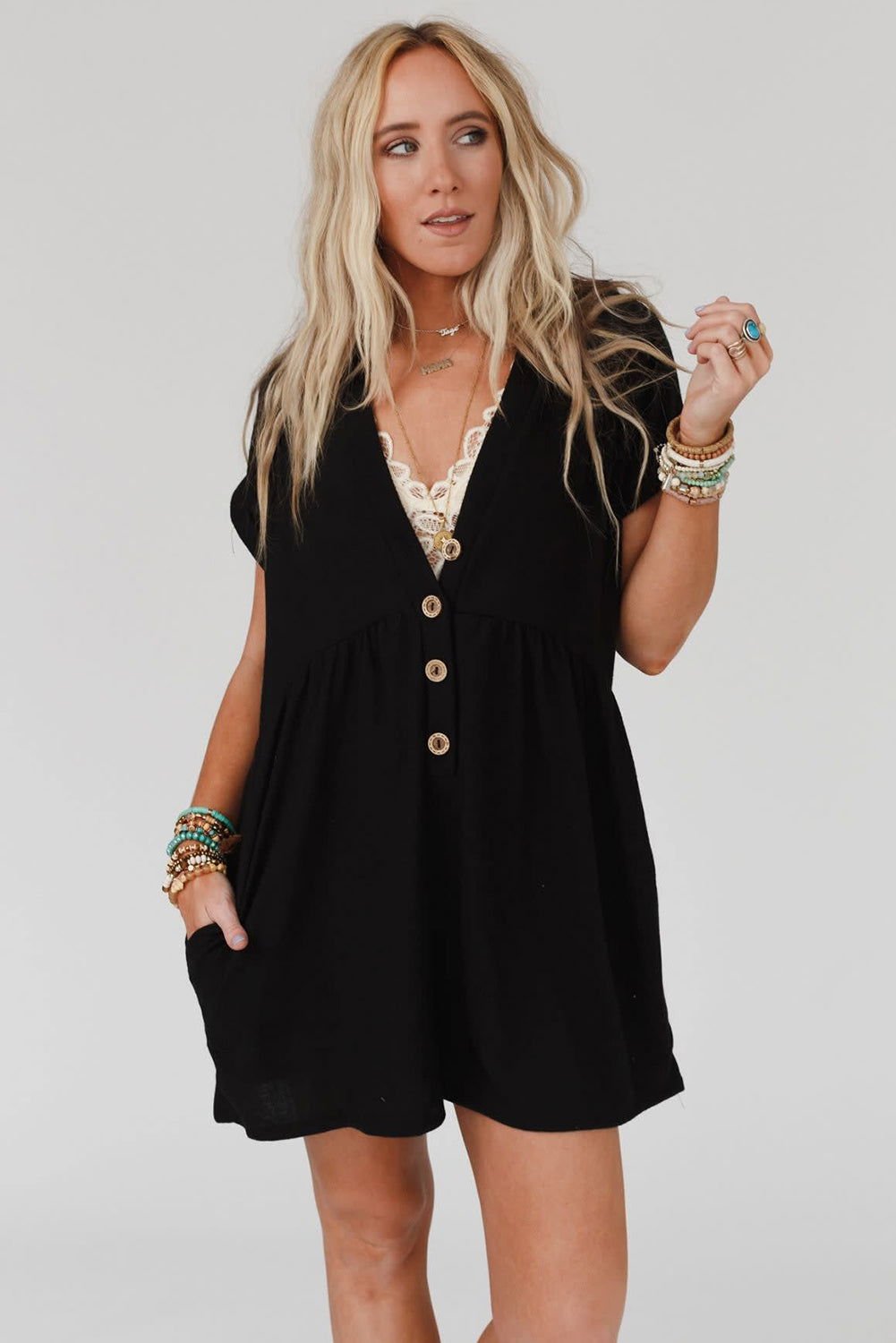 Black V Neck Buttons Loose Cuffed Short Sleeve Romper - Vesteeto