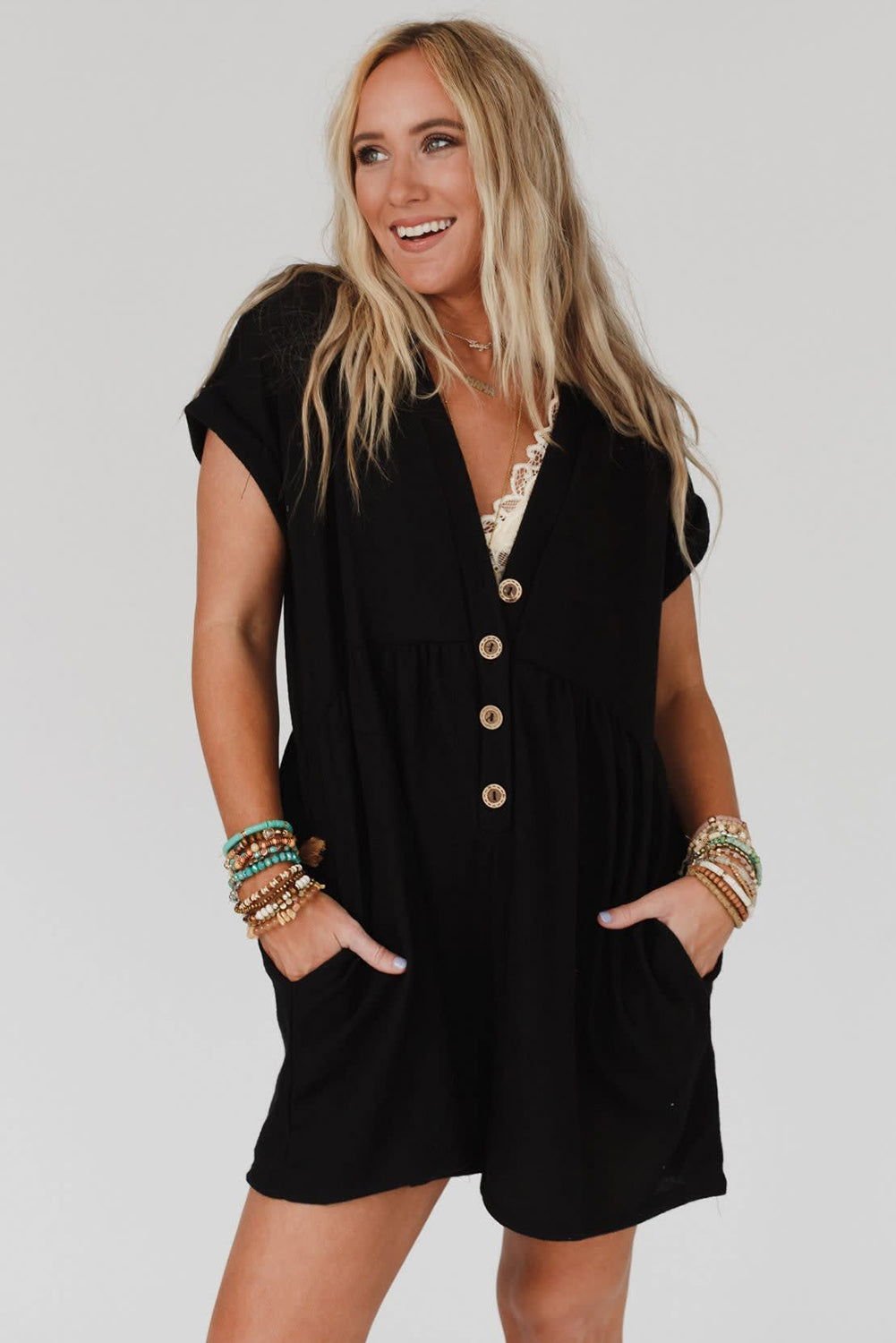 Black V Neck Buttons Loose Cuffed Short Sleeve Romper - Vesteeto