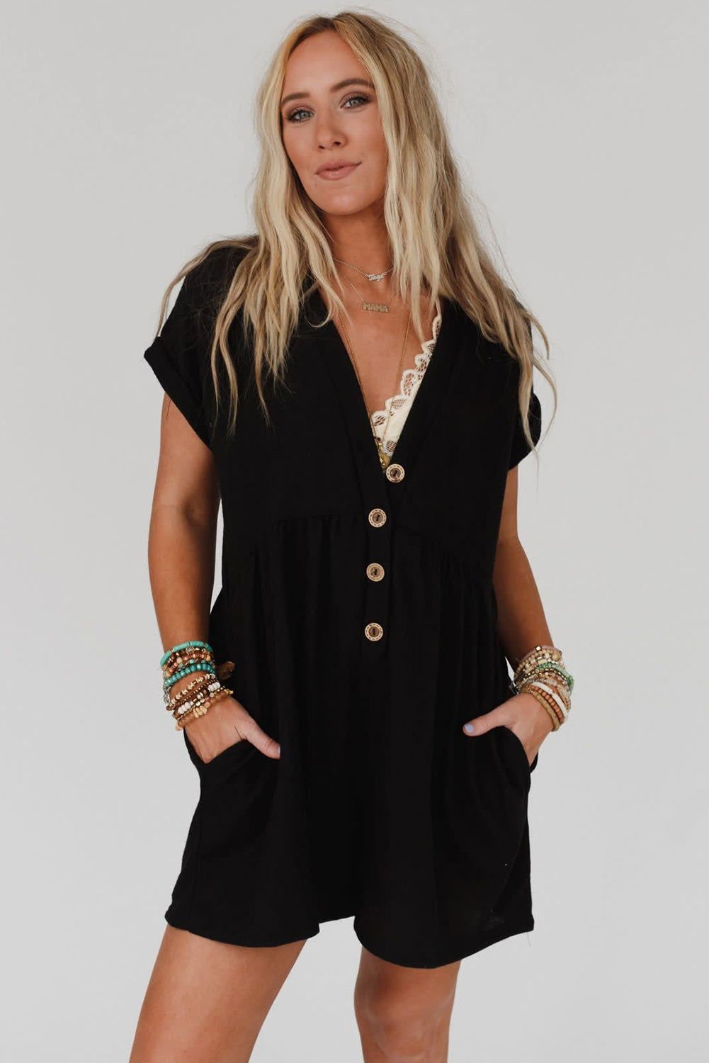 Black V Neck Buttons Loose Cuffed Short Sleeve Romper - Vesteeto