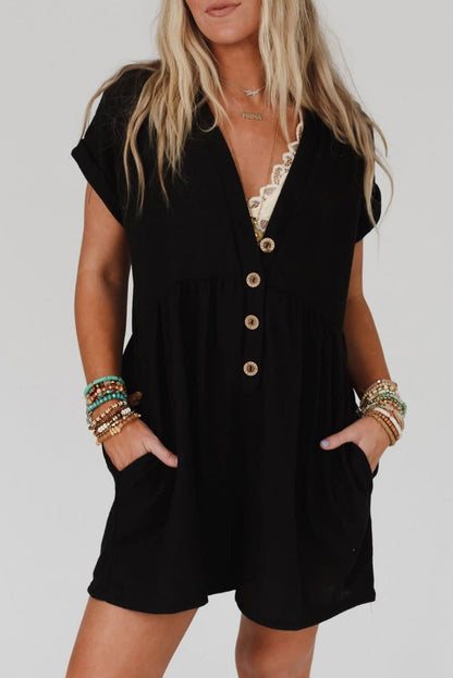 Black V Neck Buttons Loose Cuffed Short Sleeve Romper - Vesteeto