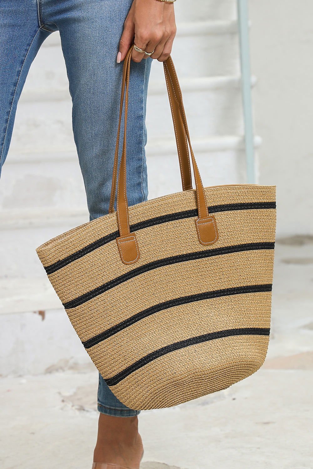 Black Vacation Straw Woven Striped One Shoulder Bag - Vesteeto