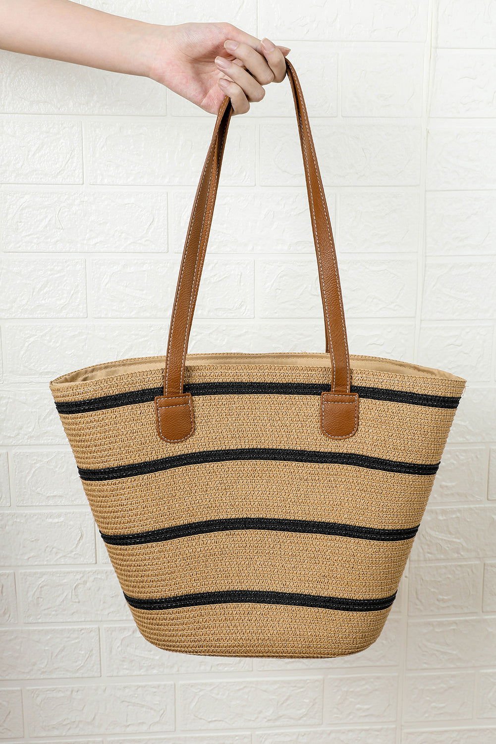 Black Vacation Straw Woven Striped One Shoulder Bag - Vesteeto