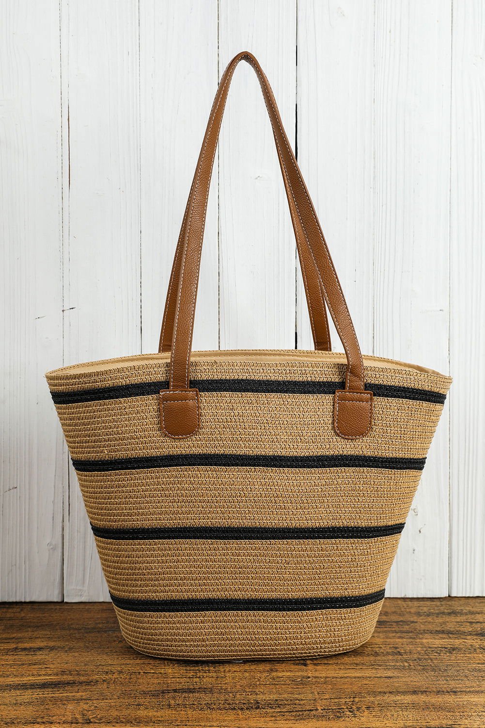 Black Vacation Straw Woven Striped One Shoulder Bag - Vesteeto