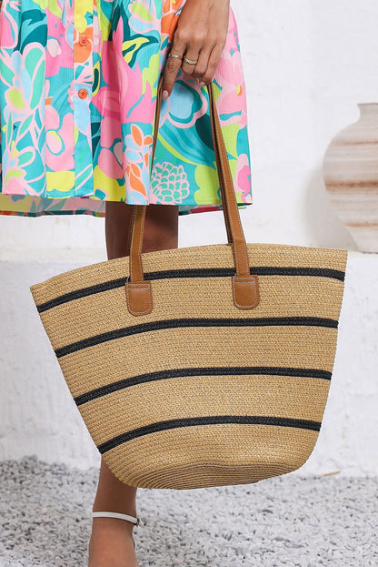 Black Vacation Straw Woven Striped One Shoulder Bag - Vesteeto