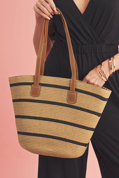 Black Vacation Straw Woven Striped One Shoulder Bag - Vesteeto