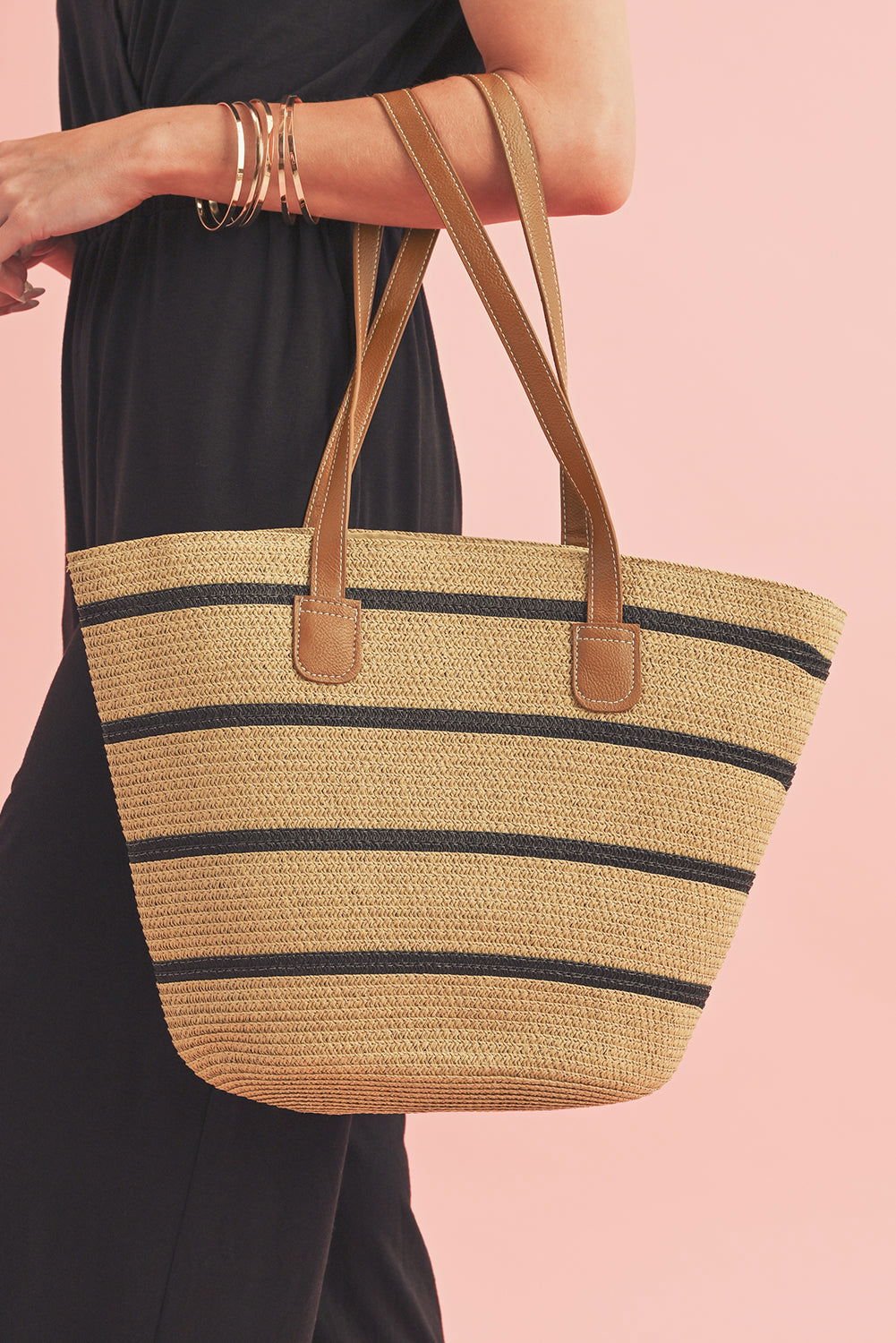 Black Vacation Straw Woven Striped One Shoulder Bag - Vesteeto