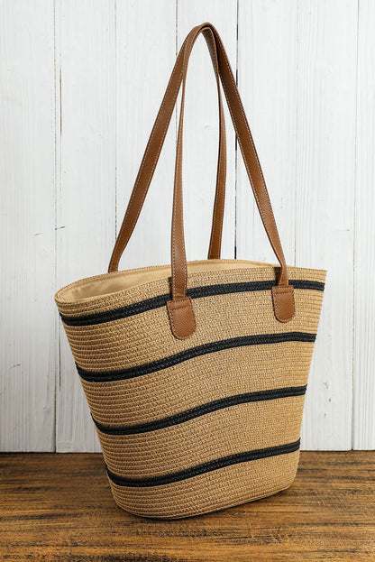 Black Vacation Straw Woven Striped One Shoulder Bag - Vesteeto