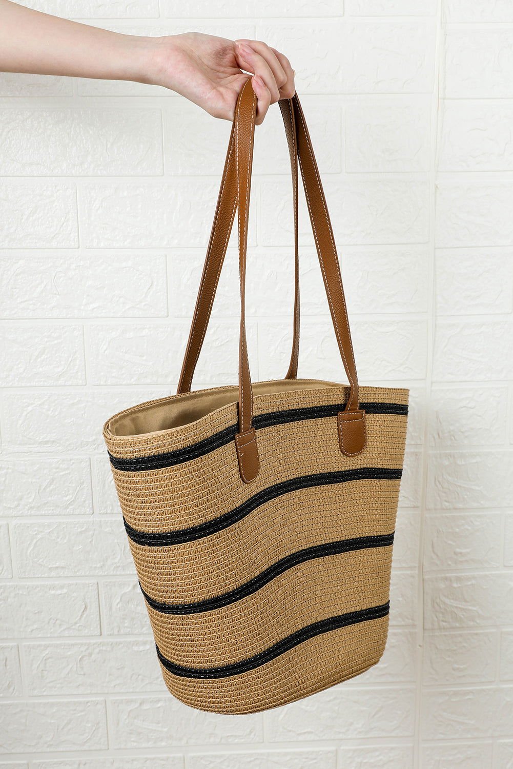 Black Vacation Straw Woven Striped One Shoulder Bag - Vesteeto