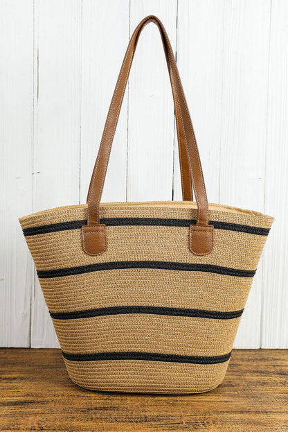 Black Vacation Straw Woven Striped One Shoulder Bag - Vesteeto