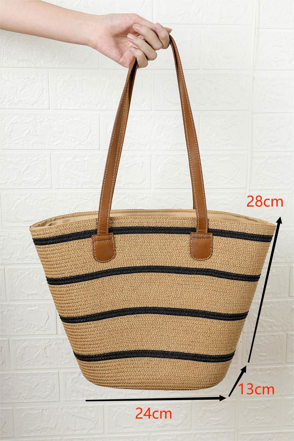 Black Vacation Straw Woven Striped One Shoulder Bag - Vesteeto