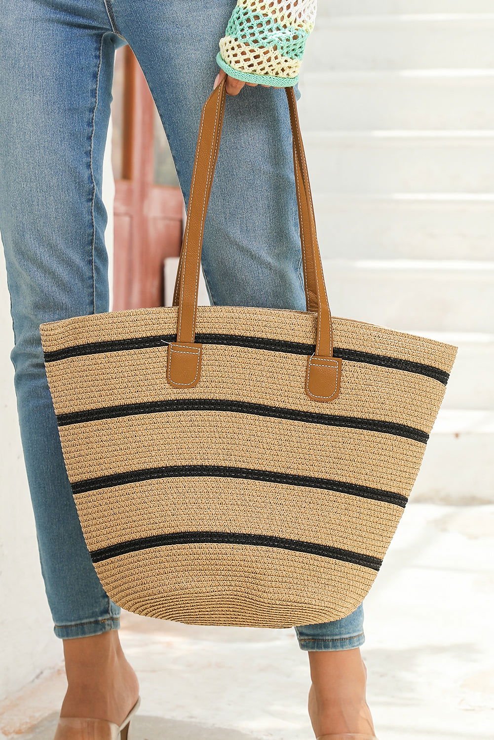 Black Vacation Straw Woven Striped One Shoulder Bag - Vesteeto