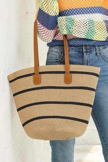 Black Vacation Straw Woven Striped One Shoulder Bag - Vesteeto