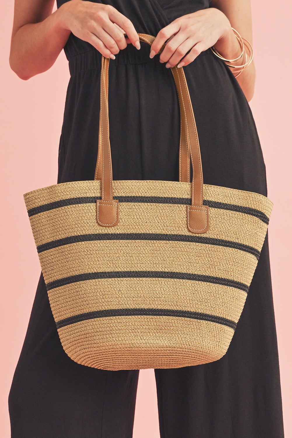 Black Vacation Straw Woven Striped One Shoulder Bag - Vesteeto