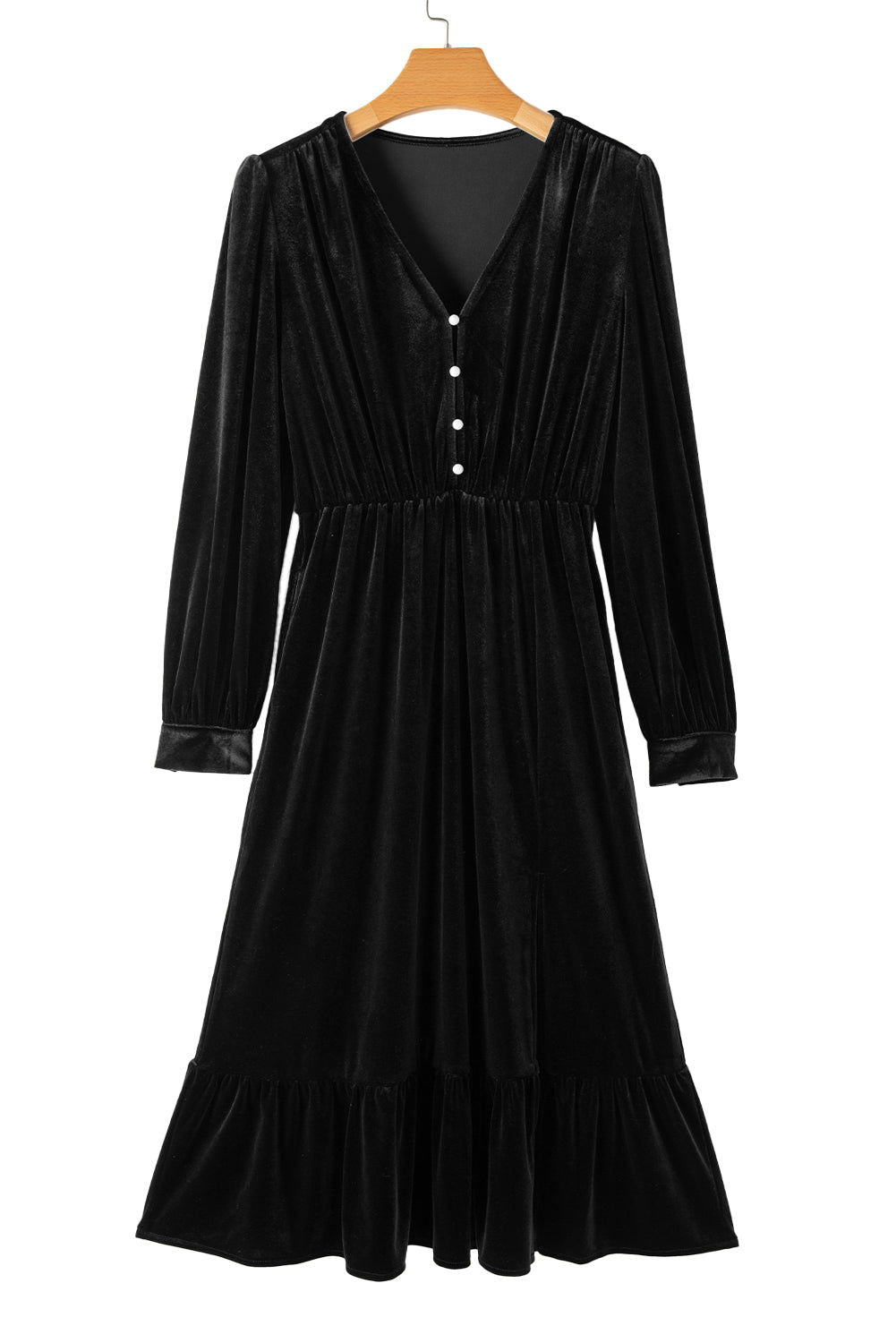 Black Velvet Buttoned Puff Sleeve V Neck Split Midi Dress - Vesteeto