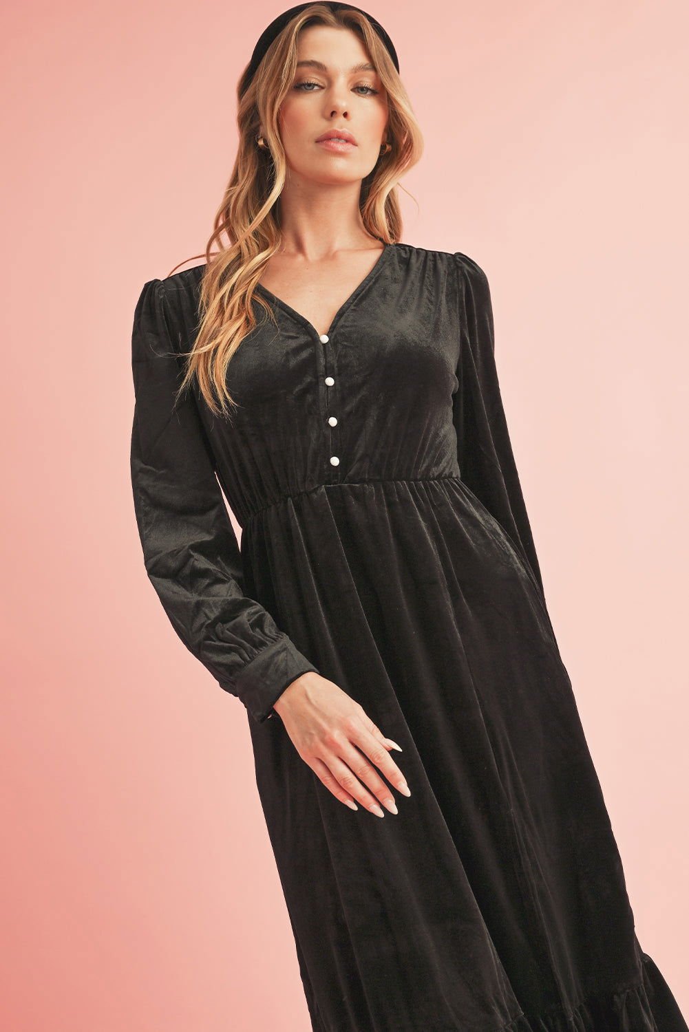 Black Velvet Buttoned Puff Sleeve V Neck Split Midi Dress - Vesteeto