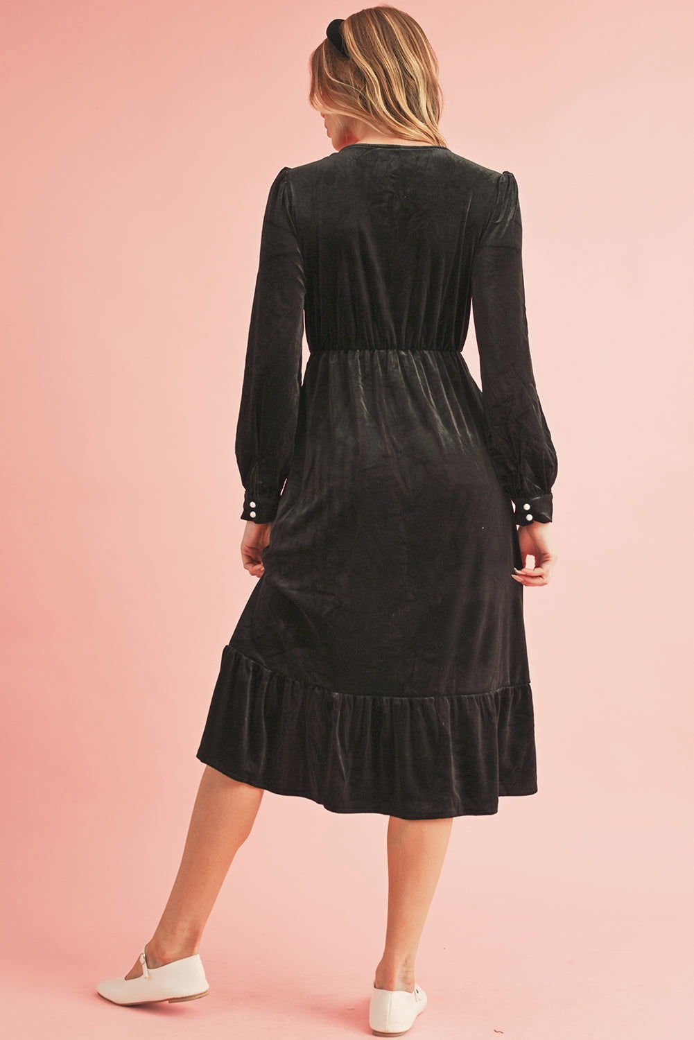 Black Velvet Buttoned Puff Sleeve V Neck Split Midi Dress - Vesteeto