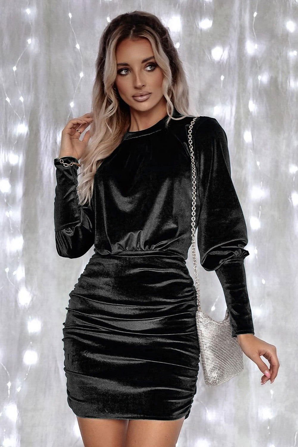 Black Velvet Puff Sleeve Ruched Bodycon Dress - Vesteeto