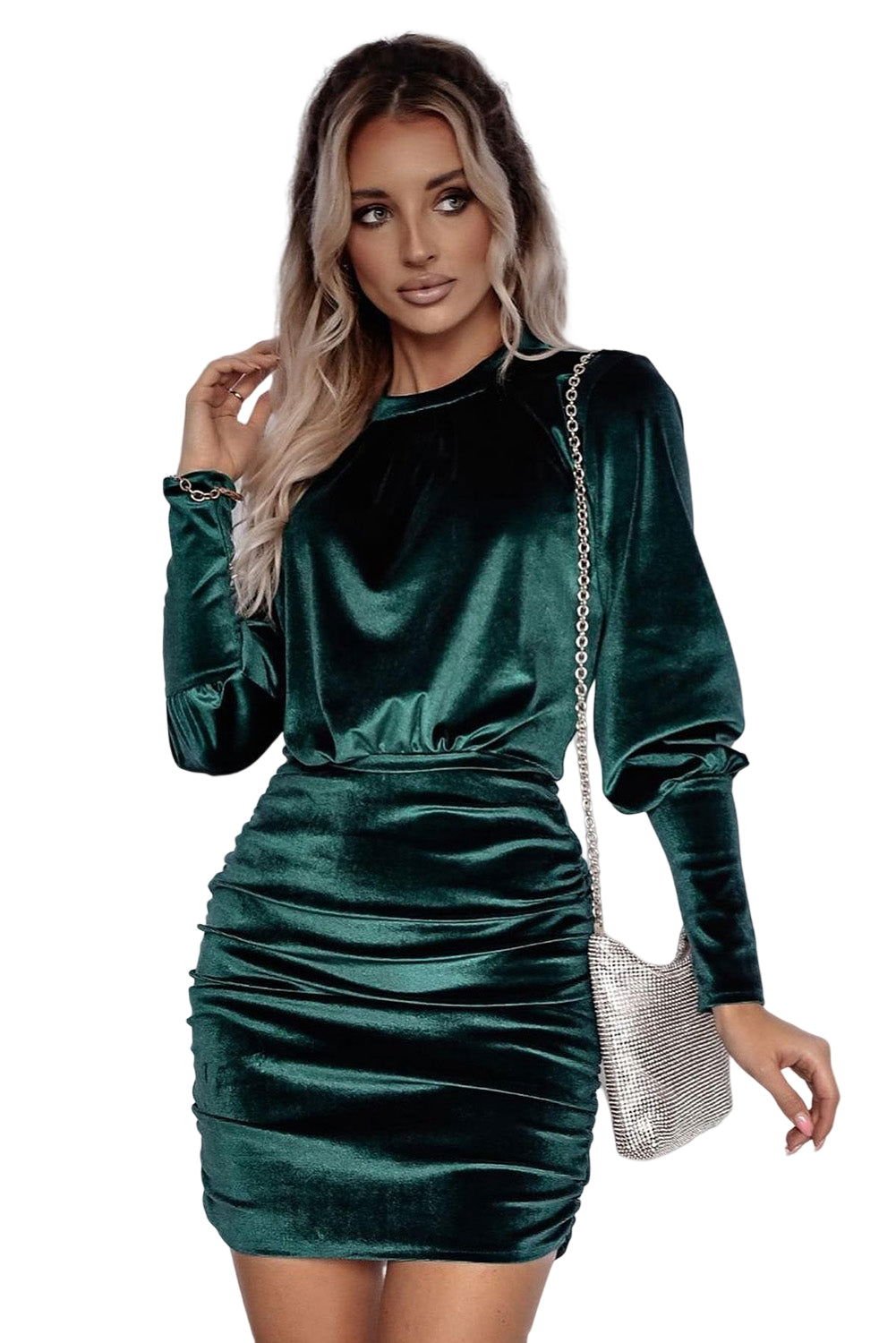 Black Velvet Puff Sleeve Ruched Bodycon Dress - Vesteeto