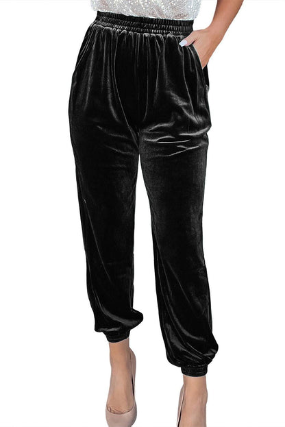 Black Vintage Pocket Velvet Jogger Pants - Luxurious Style - Vesteeto