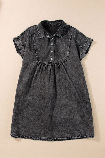 Black Vintage Snap Buttoned Mini Denim Dress - Vesteeto