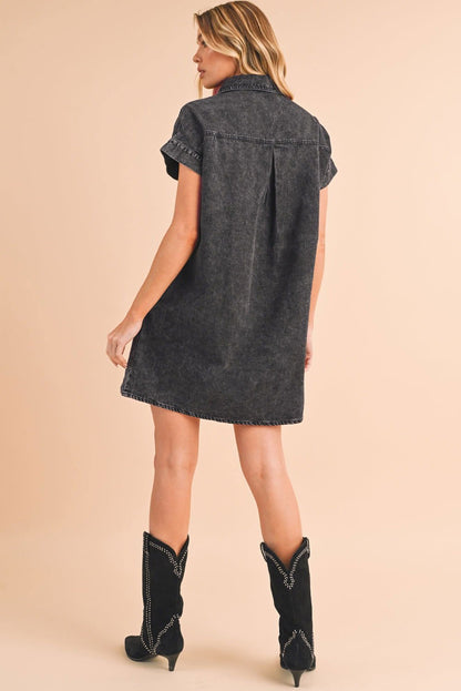 Black Vintage Snap Buttoned Mini Denim Dress - Vesteeto