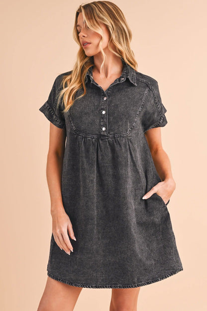 Black Vintage Snap Buttoned Mini Denim Dress - Vesteeto