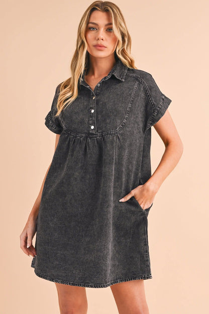 Black Vintage Snap Buttoned Mini Denim Dress - Vesteeto