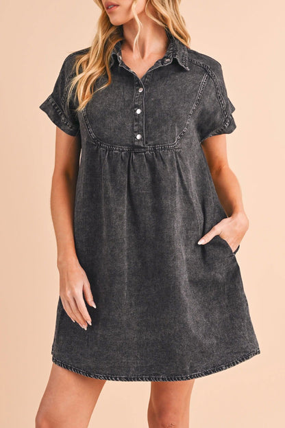 Black Vintage Snap Buttoned Mini Denim Dress - Vesteeto