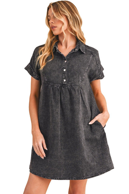 Black Vintage Snap Buttoned Mini Denim Dress - Vesteeto