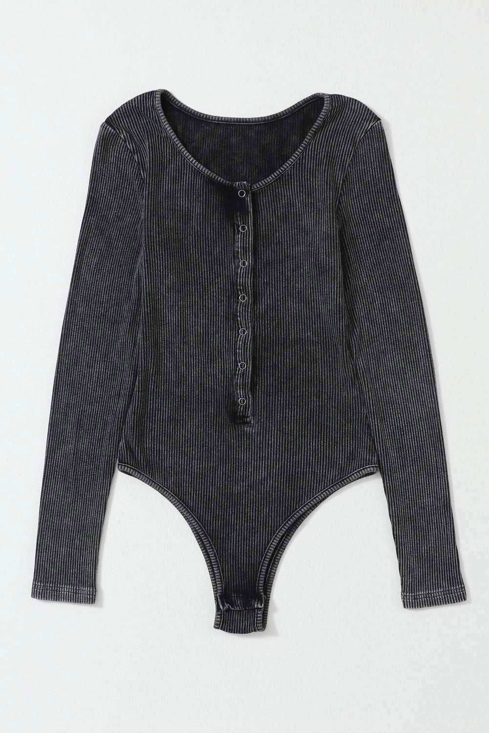 Black Vintage Washed Ribbed Snap Button Long Sleeve Bodysuit - Vesteeto