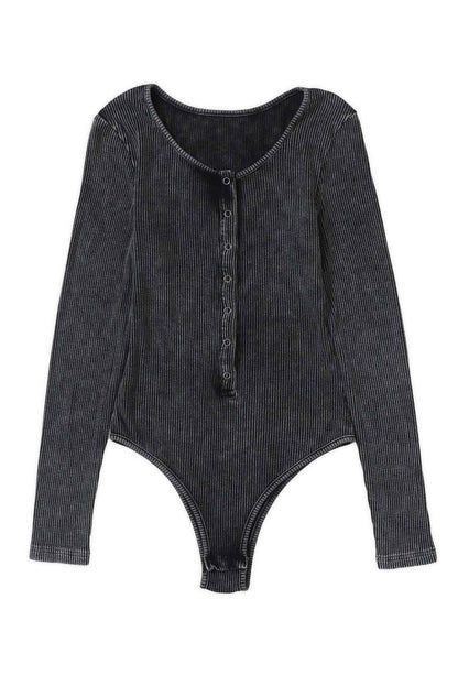 Black Vintage Washed Ribbed Snap Button Long Sleeve Bodysuit - Vesteeto